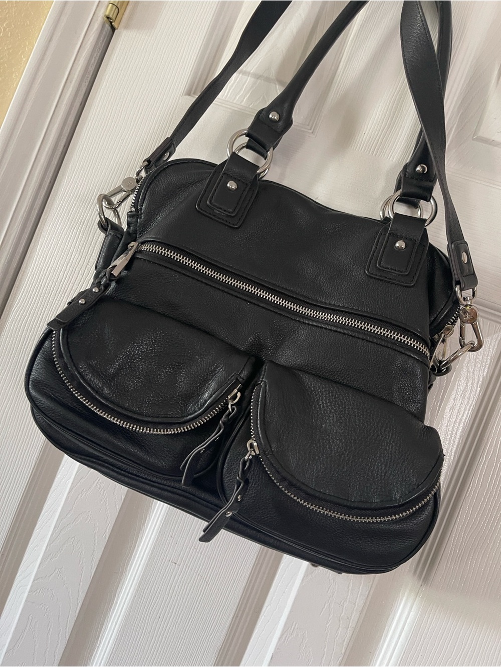 Aimee Kestenberg Black Pebble Leather Multi-Zip Shoulder Bag